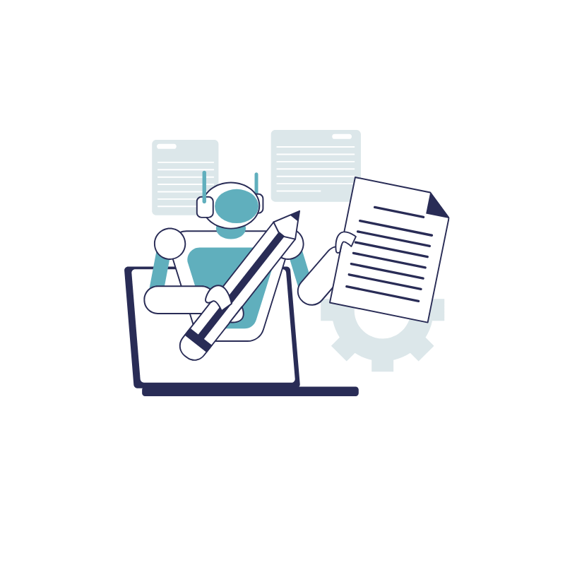 Illustration of a person working at a desk with a laptop, pen, and documents on a white background