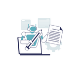 Illustration of a person working at a desk with a laptop, pen, and documents on a white background
