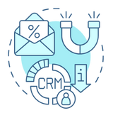 Illustration of automated lead capture using AI with a CRM icon with a letter, percentage symbol, and person icon on a white background.