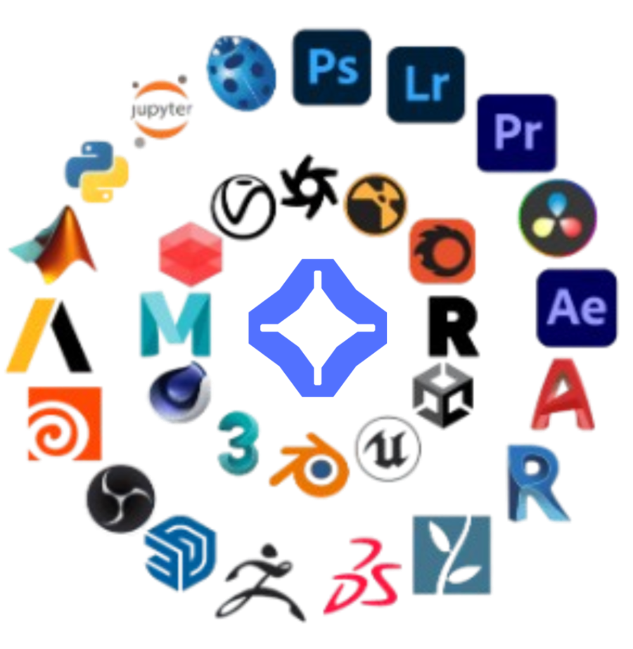 Circular collage of logos from popular creative, 3D modeling, and engineering software, including Photoshop, Blender, Premiere Pro, AutoCAD, SolidWorks, Maya, and Unity