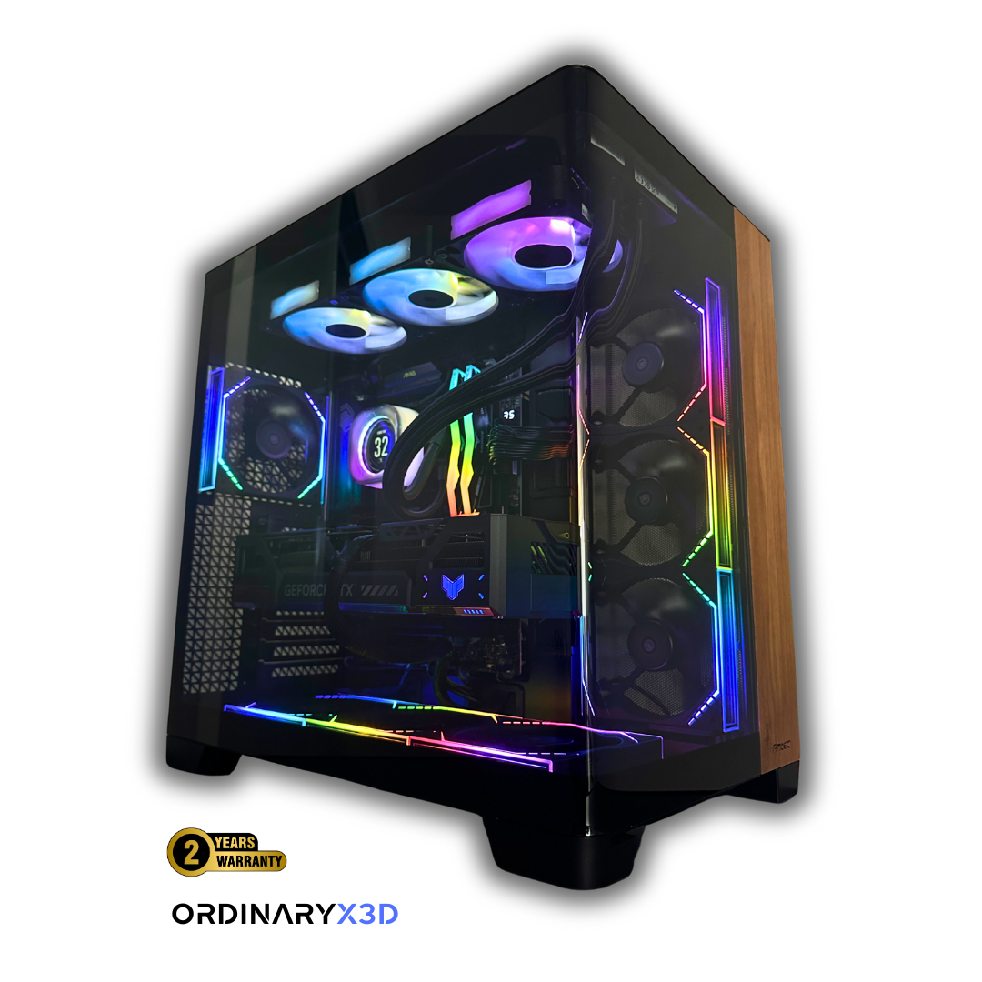 OrdinaryTech flagship custom gaming PC featuring AMD Ryzen 9 9800X3D processor, NVIDIA GeForce RTX graphics, RGB liquid cooling, and premium tempered glass case – Toronto high-performance desktop.