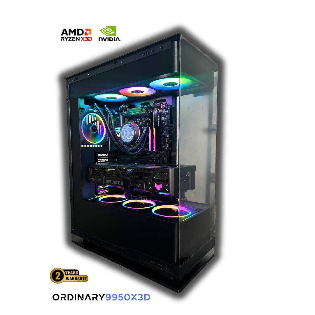ORDINARY9950X3D high-performance gaming and workstation PC – AMD Ryzen 9 9950X3D, GeForce RTX GPU, liquid cooling, customizable RGB, premium Canadian build with 2-year warranty.