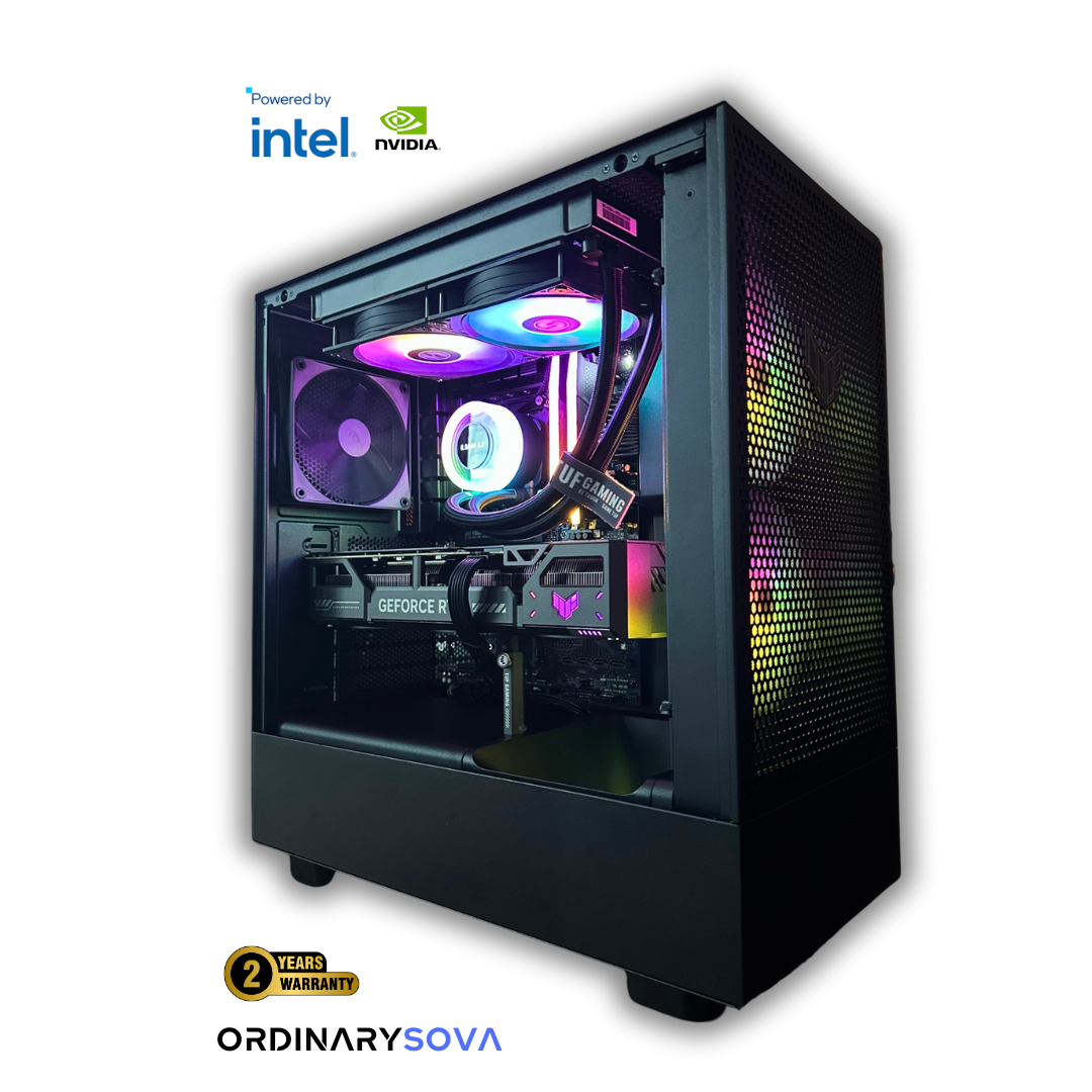 OrdinarySOVA custom gaming PC by OrdinaryTech Canada – Intel processor, NVIDIA GeForce RTX graphics, RGB liquid cooling, tempered glass case, and 2-year warranty.