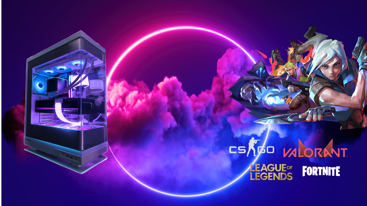 Custom gaming PC with RGB lighting next to popular esports titles including CS:GO, Valorant, League of Legends, and Fortnite. Built by OrdinaryTech in Toronto, Canada.