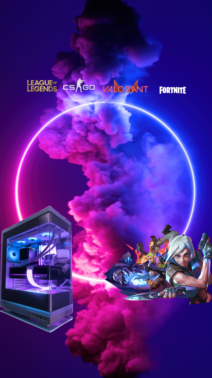 Custom gaming PC with RGB lighting next to popular esports titles including CS:GO, Valorant, League of Legends, and Fortnite. Built by OrdinaryTech in Toronto, Canada.