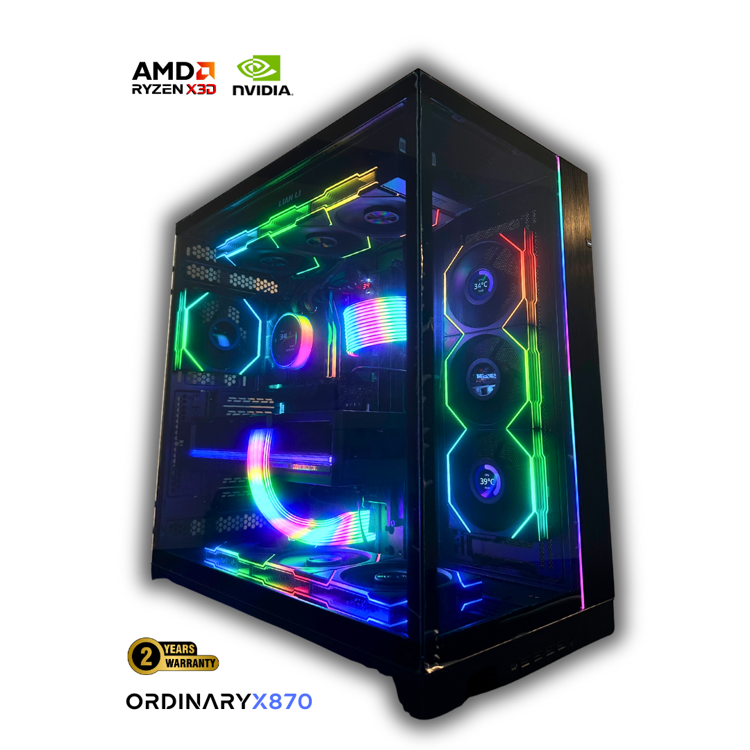 OrdinaryTech X870 custom PC tower built in Toronto – AMD Ryzen X3D, NVIDIA GeForce RTX, RGB liquid cooling, tempered glass case, high-performance desktop with 2-year warranty