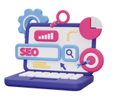 Colorful laptop with SEO and search engine optimization graphics on a white background optimizing SEO witrh AI