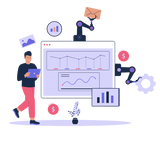 Illustration of a person using a tablet with various data icons and charts around them on a white background.