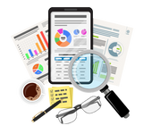 Web scraper with AI with graphs, magnifying glass scraping data and wesbite