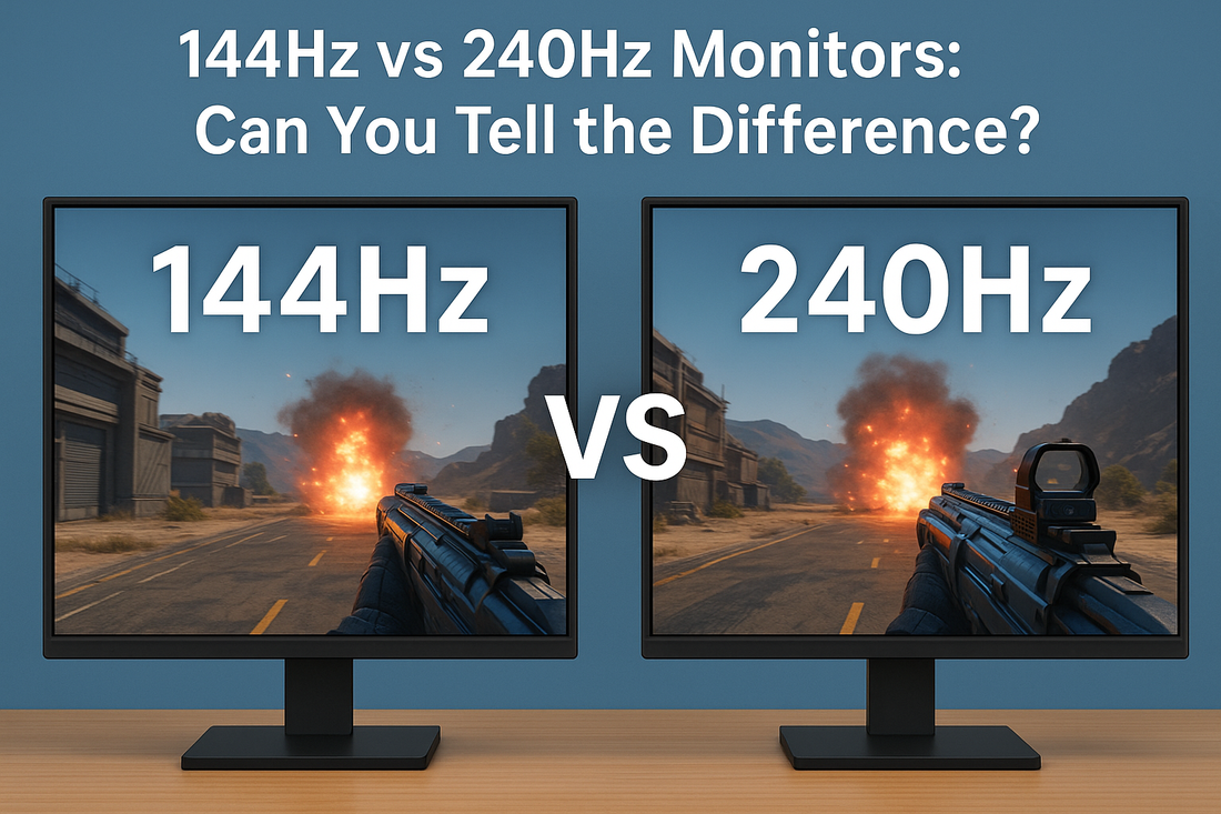  comparison of 144Hz vs 240Hz gaming monitors showing a first-person shooter scene, with the question 'Can You Tell the Difference?', highlighting refresh rate impact on gaming performance