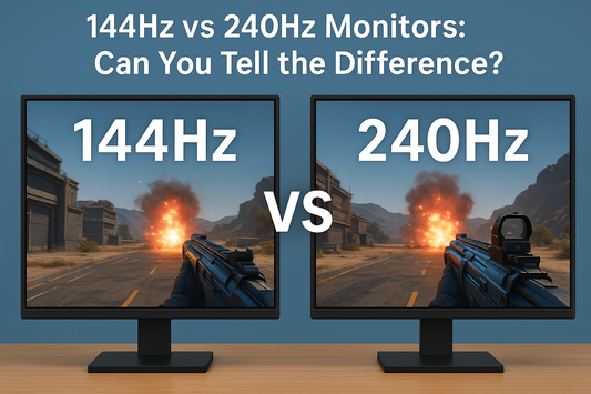  comparison of 144Hz vs 240Hz gaming monitors showing a first-person shooter scene, with the question 'Can You Tell the Difference?', highlighting refresh rate impact on gaming performance