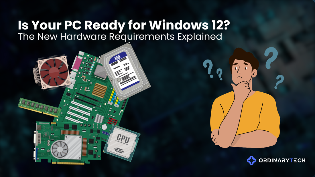 Windows 12 hardware requirements illustrated on a modern PC build with NPU-enabled CPU, TPM security, DDR5 memory, and NVMe SSD storage