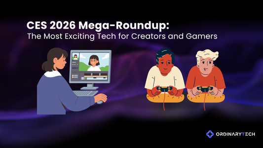 CES 2026 hardware showcase featuring RTX 50 series GPUs, Intel Panther Lake processors, and next-generation gaming displays for high-performance PC builds