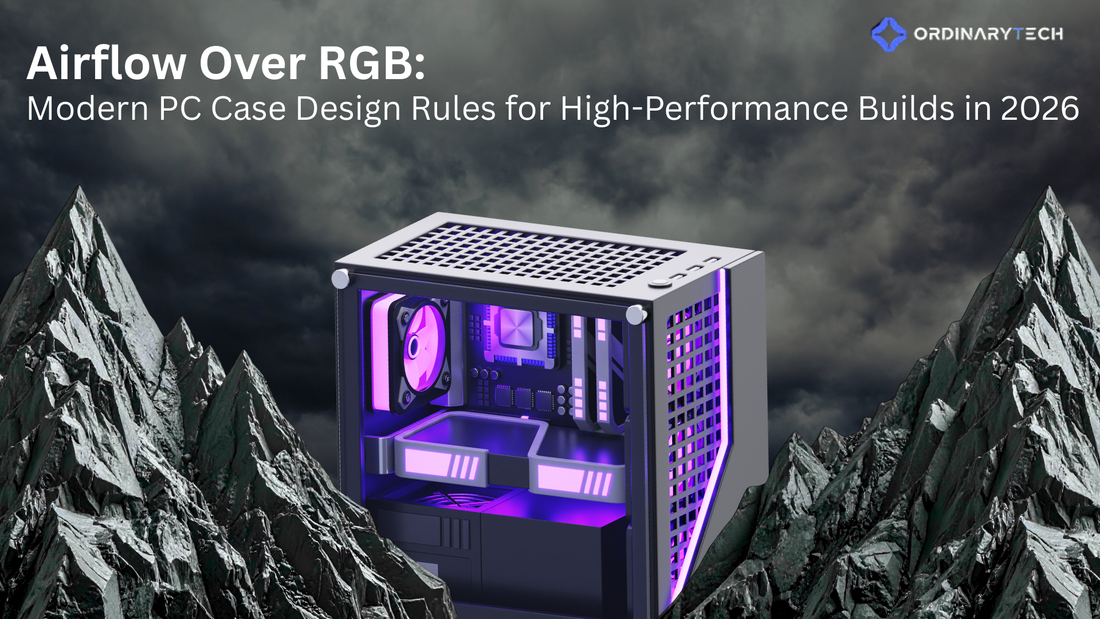 Graphic titled “Airflow Over RGB: Modern PC Case Design Rules for High-Performance Builds in 2026,” showing a compact PC case with purple RGB lighting against a dark cloudy sky and mountain background, with the OrdinaryTech logo in the top-right corner.*