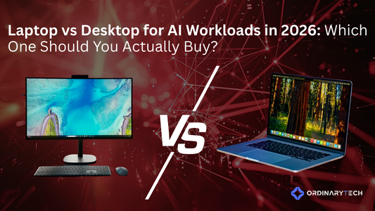 Thumbnail-style graphic comparing a desktop PC and a laptop with a large “VS” in the center, titled “Laptop vs Desktop for AI Workloads in 2026: Which One Should You Actually Buy?” on a red digital network background with the OrdinaryTech logo.