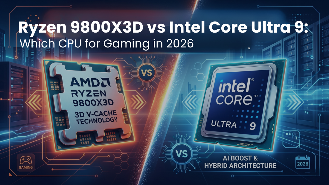 AMD Ryzen processor and Intel Core Ultra processor side by side comparing gaming and productivity performance in 2026