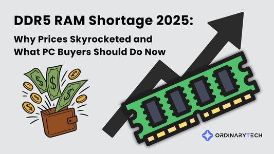 Illustration showing DDR5 RAM shortage in 2025, featuring rising price arrow, a RAM stick, and money flying out of a wallet, with the title “DDR5 RAM Shortage 2025: Why Prices Skyrocketed and What PC Buyers Should Do Now” and the OrdinaryTech logo.