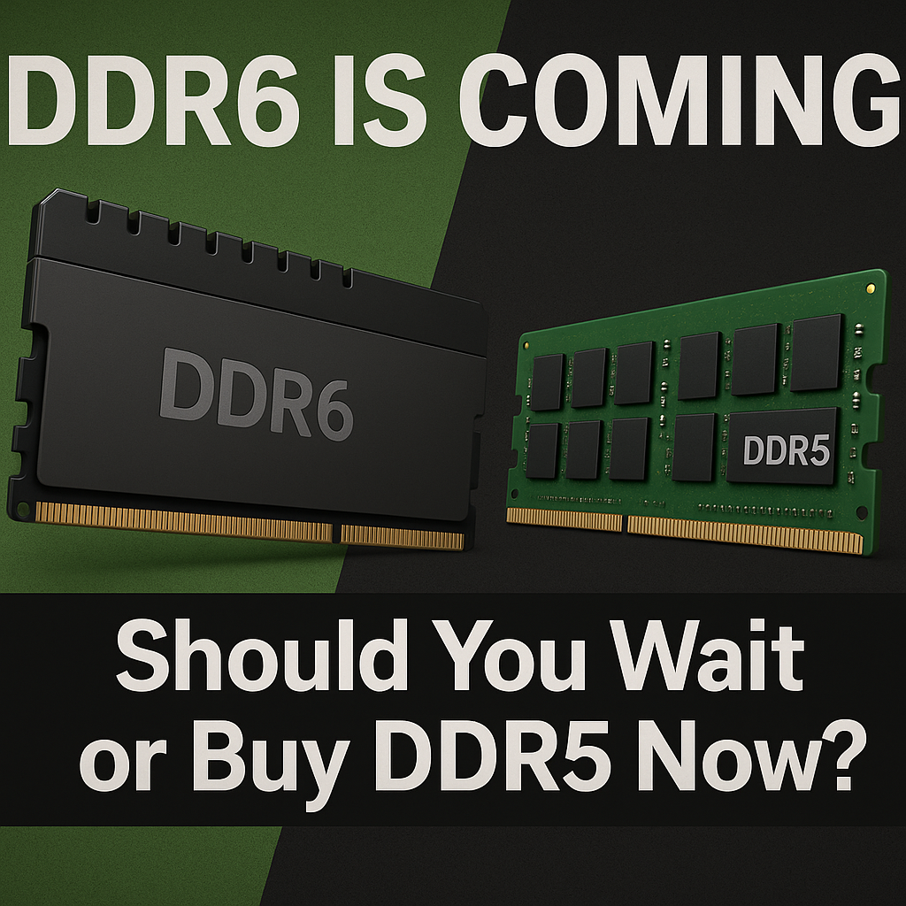 "Graphic showing DDR6 and DDR5 RAM modules with bold text 'DDR6 is Coming — Should You Wait or Buy DDR5 Now?', comparing next-gen memory upgrade options for PC builders and gamers in 2025