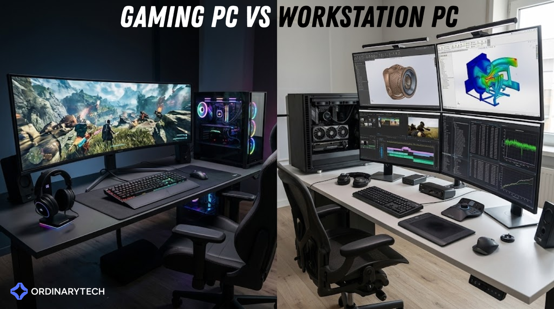 Gaming PC vs workstation comparison showing consumer gaming hardware and professional workstation components