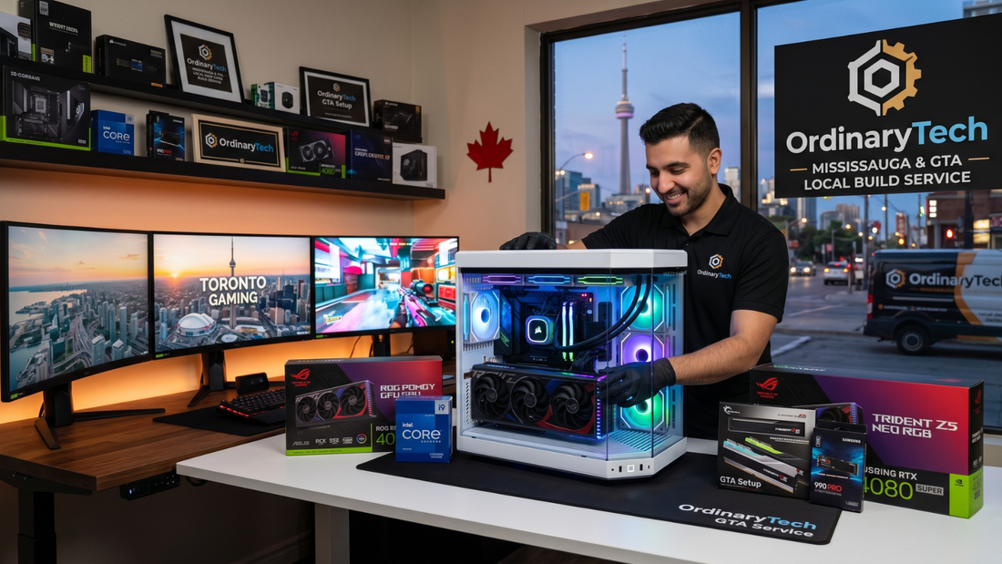 A technician assembling a high-end RGB gaming PC in a modern showroom with triple monitors displaying Toronto gaming visuals.
