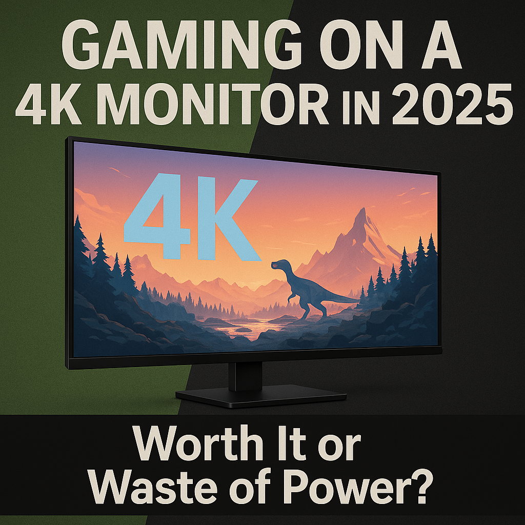 "Illustration of a 4K monitor displaying a scenic gaming landscape with text 'Gaming on a 4K Monitor in 2025 — Worth It or Waste of Power?', exploring performance and value of 4K gaming setups.