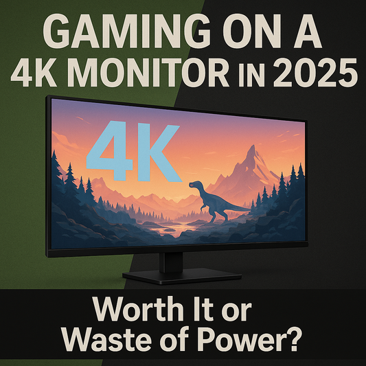 "Illustration of a 4K monitor displaying a scenic gaming landscape with text 'Gaming on a 4K Monitor in 2025 — Worth It or Waste of Power?', exploring performance and value of 4K gaming setups.