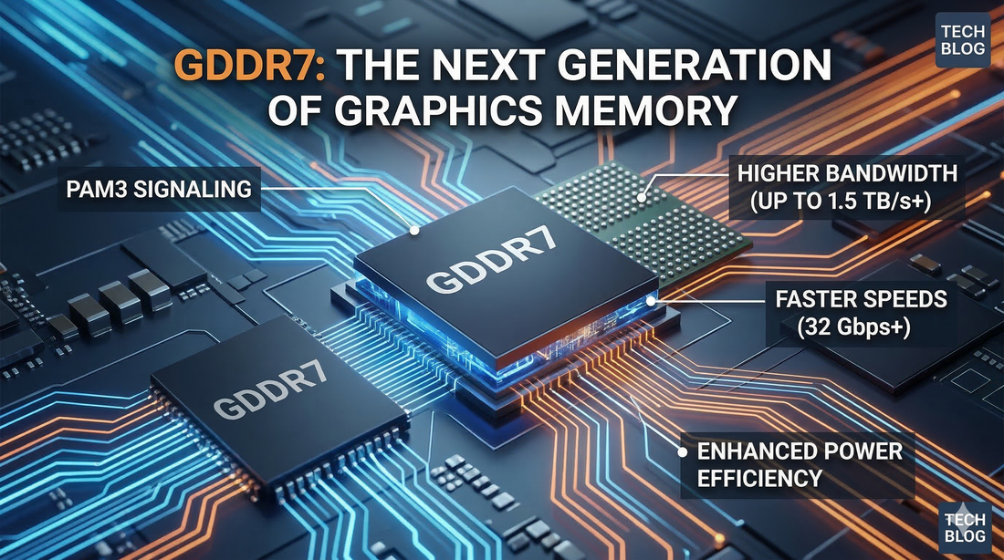 GDDR7 graphics memory chip illustration showing higher bandwidth, faster speeds, PAM3 signaling, and improved power efficiency