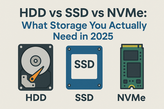 Visual comparison of HDD, SSD, and NVMe storage drives with the title 'HDD vs SSD vs NVMe: What Storage You Actually Need in 2025,' guiding users on the best storage option for modern computing needs.