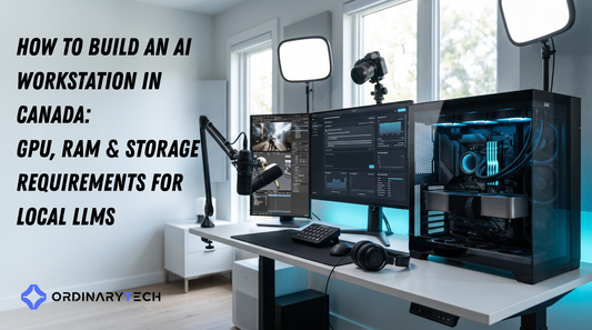 AI workstation PC with high-VRAM NVIDIA GPU, large system RAM and NVMe storage for local LLM inference.