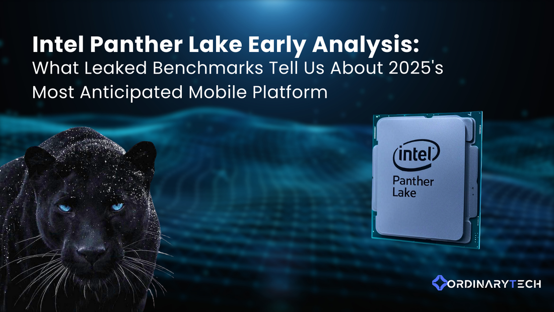 Intel Panther Lake mobile processor architecture with integrated Arc graphics shown in a compact 2025 laptop and small form factor PC design