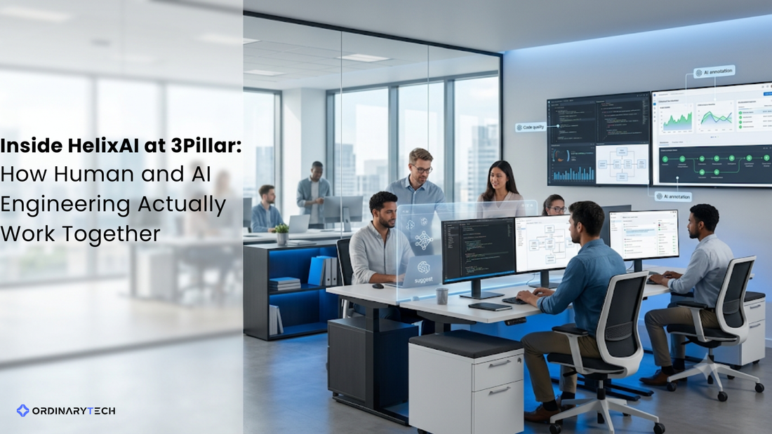 Software engineers collaborating with AI agents across the software development lifecycle, illustrating human-AI engineering in a modern enterprise environment.
