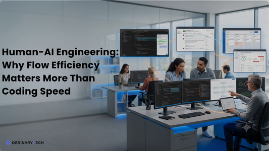 Enterprise software engineering team collaborating with AI agents across the software delivery lifecycle, visualizing flow efficiency and human-AI engineering.