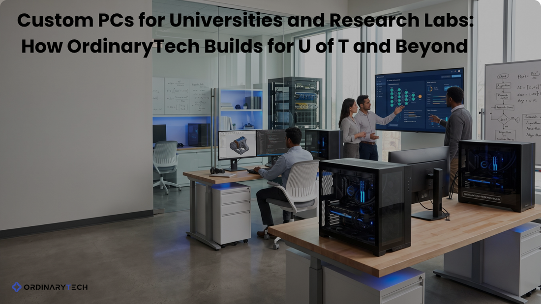 Modern university research lab with standardized custom workstation PCs, multiple monitors, and researchers collaborating on AI, engineering, and scientific computing projects.