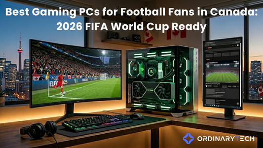 Canadian gamer watching FIFA World Cup 2026 on a second monitor while gaming on a custom high-performance PC setup