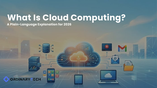 Diagram showing cloud computing architecture with remote servers, storage, and users accessing services over the internet