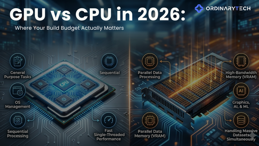 Comparison chart showing GPU vs CPU performance differences in gaming, AI, and video rendering workloads