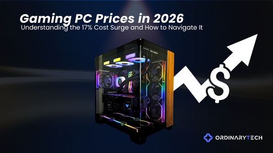 Gaming PC prices in 2026 illustration with high-end RGB desktop and rising cost arrow, PC hardware price surge concept