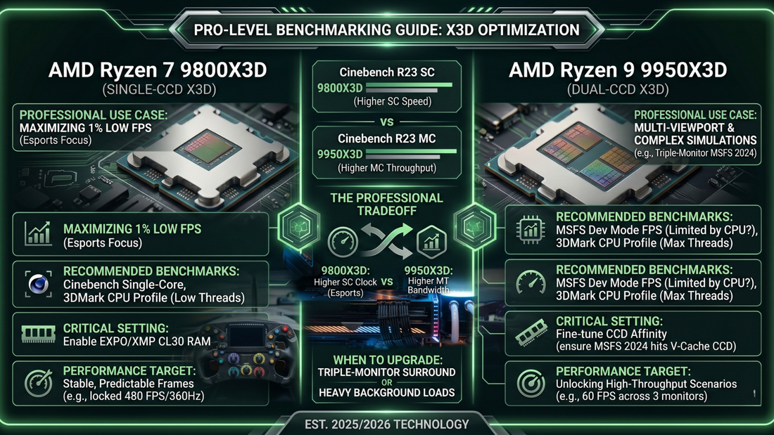 An infographic comparing the AMD Ryzen 7 9800X3D and AMD Ryzen 9 9950X3D processors for gaming and professional workloads