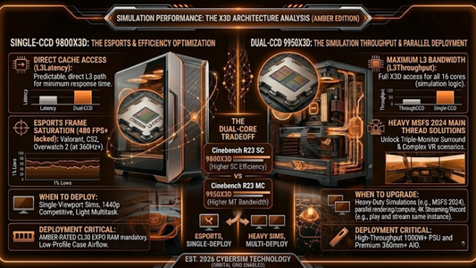 A futuristic amber-themed infographic comparing the AMD Ryzen 7 9800X3D and Ryzen 9 9950X3D processors for gaming and simulation workloads.