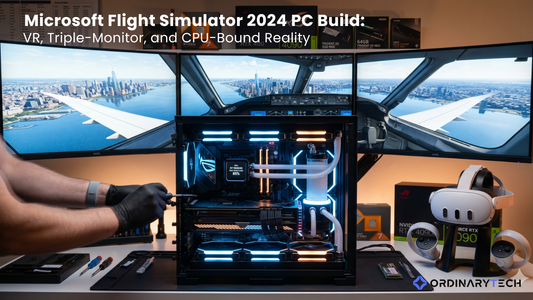 A high-end custom gaming PC with RGB lighting and liquid cooling sits on a desk in front of a triple-monitor flight simulator setup showing an airplane cockpit view over a city skyline.