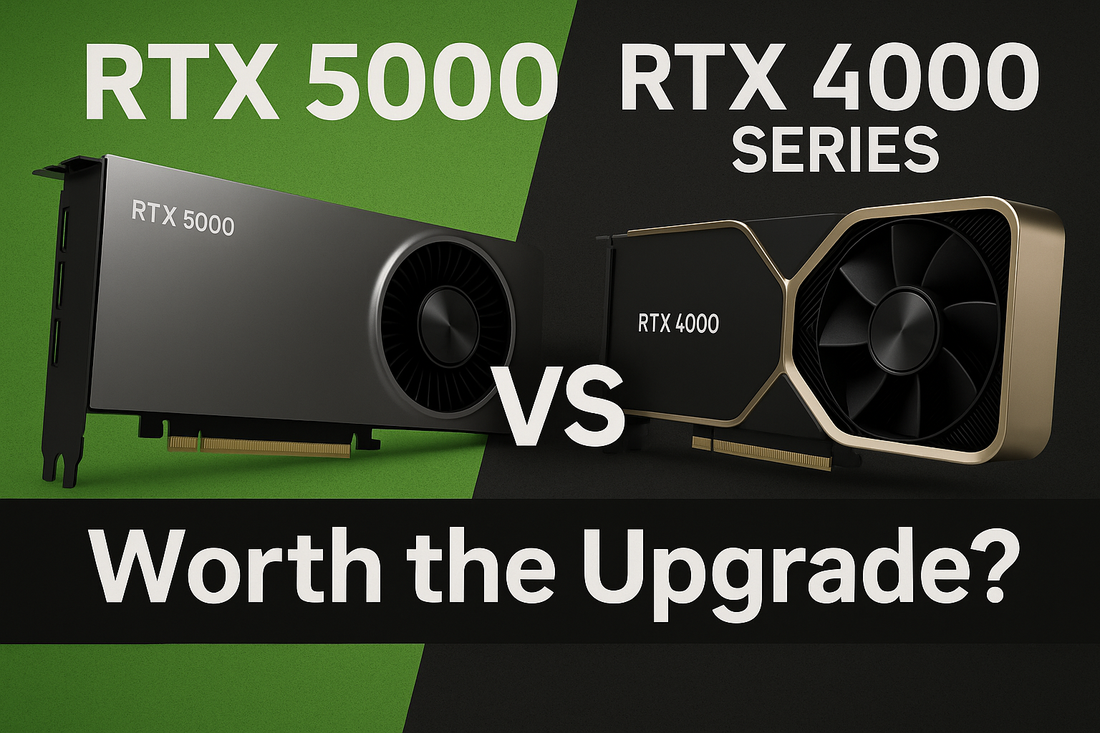 Side-by-side comparison of NVIDIA RTX 5000 vs RTX 4000 Series GPUs with the question 'Worth the Upgrade?', highlighting next-gen graphics card performance for gamers and creators in 2025