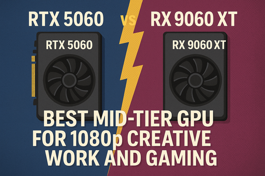 RTX 5060 vs RX 9060 XT comparison graphic highlighting the best mid-tier GPUs for 1080p gaming and creative work, with GPU icons and a lightning bolt dividing the blue and maroon background