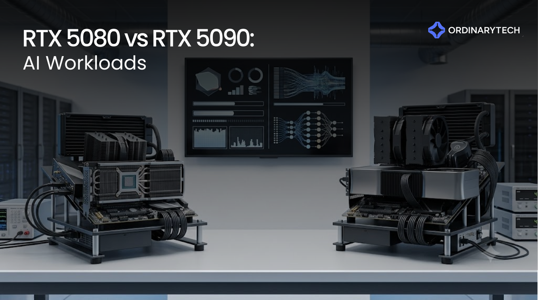 RTX 5080 vs RTX 5090 AI workstation comparison showing NVIDIA GPUs for local LLM inference and machine learning workloads