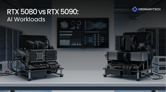RTX 5080 vs RTX 5090 AI workstation comparison showing NVIDIA GPUs for local LLM inference and machine learning workloads