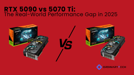 RTX 5090 and RTX 5070 Ti graphics cards compared in a 2025 PC build showing size, cooling design, and performance-focused components