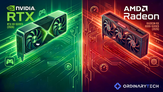 NVIDIA RTX and AMD Radeon graphics cards displayed side by side in a gaming PC performance comparison for 2026