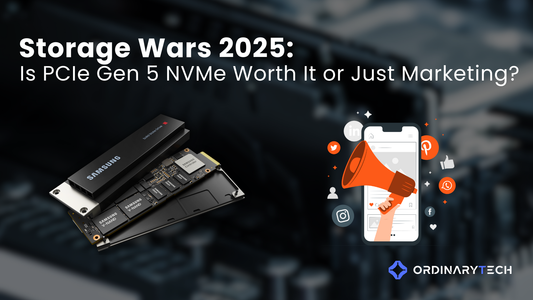 PCIe Gen 5 NVMe SSD installed on a 2025 motherboard with heatsink, highlighting high-speed storage performance for gaming and workstation builds