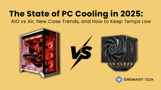Air cooler vs AIO liquid cooler comparison in a 2025 PC build showing CPU cooling performance, airflow-focused case design, and thermal efficiency