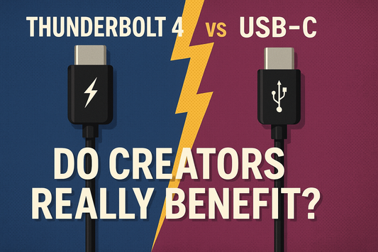 Comparison graphic of Thunderbolt 4 vs USB-C connectors with a lightning bolt divider and the question 'Do Creators Really Benefit?', exploring speed and performance differences for content creators.