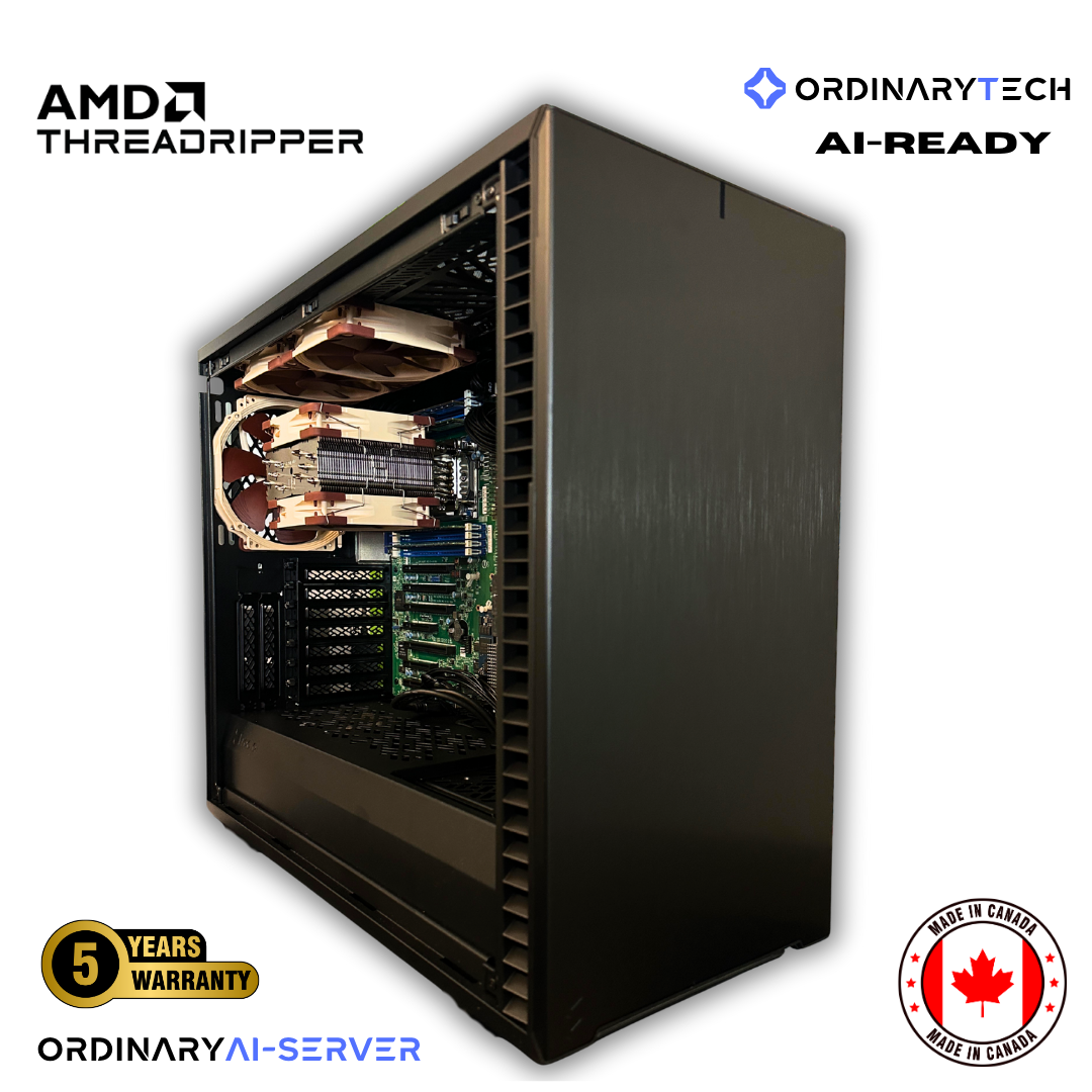 OrdinaryPro AI workstation with AMD EPYC 7313P, 128GB DDR4 RAM, and RTX GPU inside Fractal Design Define 7 case – built for creators, engineers, and AI professionals in Canada.